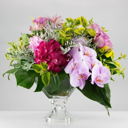 Square glass with peonies and Phalenopsis orchids