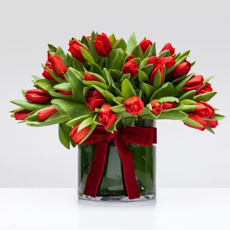 Vase With 50 Red Tulips
