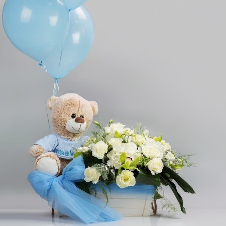 Composition in handmade wooden construction for a newborn boy It's a boy