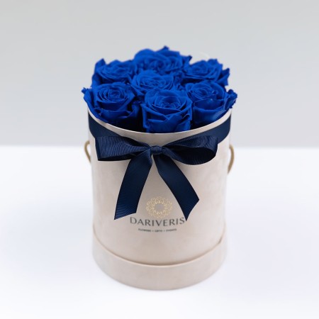 Forever Roses Με Μπλε Τριαντάφυλλα Σε Μπεζ Βελούδινο Κουτί
