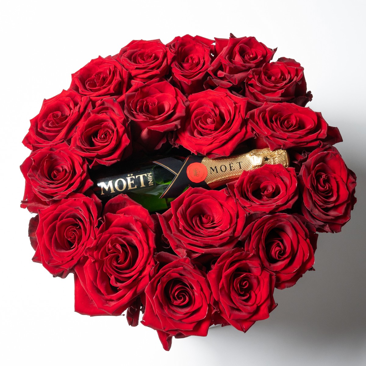 Circular Box with Red Roses & Moët